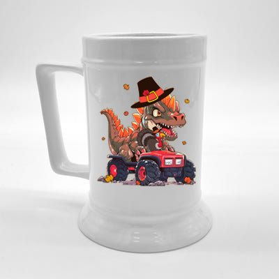 Funny Thanksgiving Dinosaur And Turkey Riding Monster Truck Beer Stein