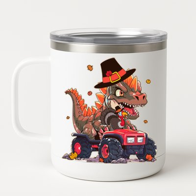 Funny Thanksgiving Dinosaur And Turkey Riding Monster Truck 12 oz Stainless Steel Tumbler Cup