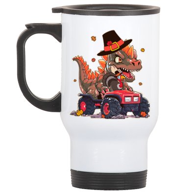 Funny Thanksgiving Dinosaur And Turkey Riding Monster Truck Stainless Steel Travel Mug