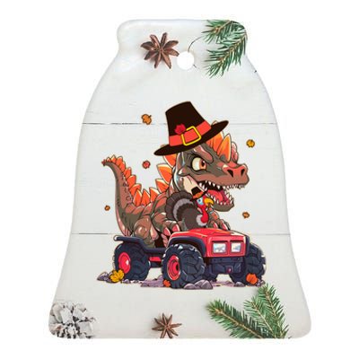 Funny Thanksgiving Dinosaur And Turkey Riding Monster Truck Ceramic Bell Ornament