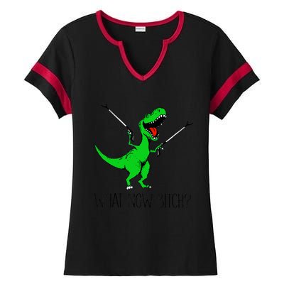 Funny TRex Dinosaur Gift What Now Bitch Funny Tyrannosaurus Rex Gift Ladies Halftime Notch Neck Tee