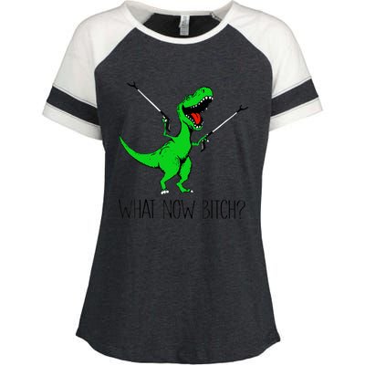 Funny TRex Dinosaur Gift What Now Bitch Funny Tyrannosaurus Rex Gift Enza Ladies Jersey Colorblock Tee