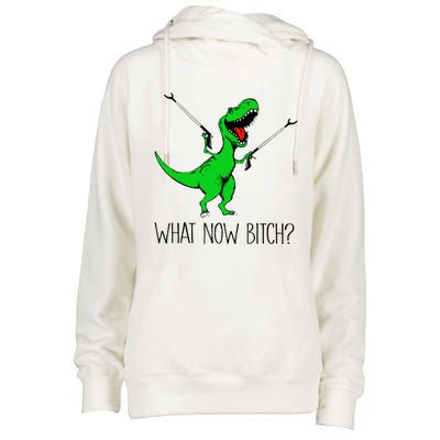 Funny TRex Dinosaur Gift What Now Bitch Funny Tyrannosaurus Rex Gift Womens Funnel Neck Pullover Hood