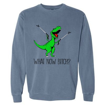 Funny TRex Dinosaur Gift What Now Bitch Funny Tyrannosaurus Rex Gift Garment-Dyed Sweatshirt