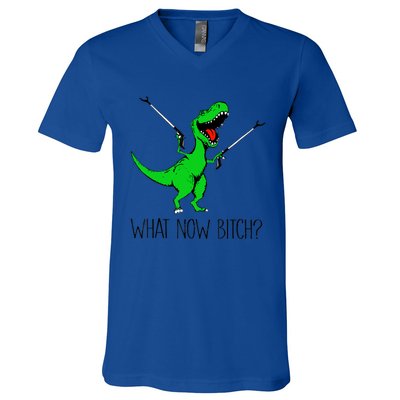 Funny TRex Dinosaur Gift What Now Bitch Funny Tyrannosaurus Rex Gift V-Neck T-Shirt