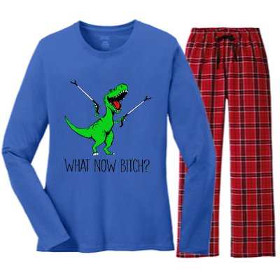 Funny TRex Dinosaur Gift What Now Bitch Funny Tyrannosaurus Rex Gift Women's Long Sleeve Flannel Pajama Set 