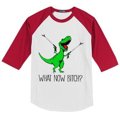 Funny TRex Dinosaur Gift What Now Bitch Funny Tyrannosaurus Rex Gift Kids Colorblock Raglan Jersey