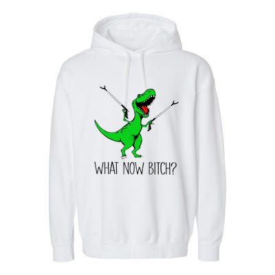 Funny TRex Dinosaur Gift What Now Bitch Funny Tyrannosaurus Rex Gift Garment-Dyed Fleece Hoodie