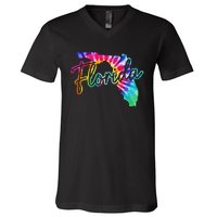 Florida Tie Dye State Map Pride Hippie Vintage Retro V-Neck T-Shirt