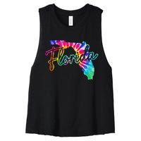 Florida Tie Dye State Map Pride Hippie Vintage Retro Women's Racerback Cropped Tank