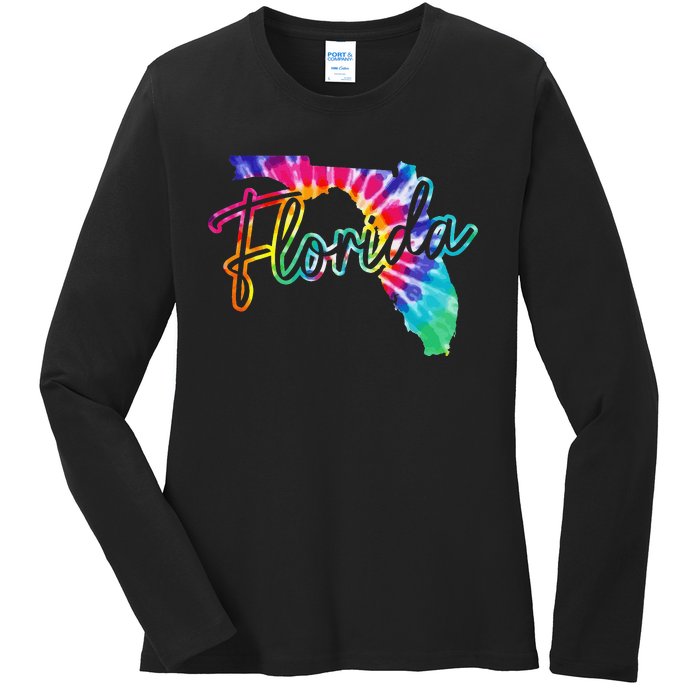 Florida Tie Dye State Map Pride Hippie Vintage Retro Ladies Long Sleeve Shirt