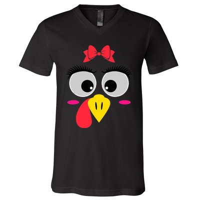 Funny Thanksgiving Day Turkey Face Red Bow Costume V-Neck T-Shirt