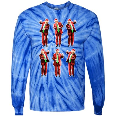 Funny Trump Dancing Around The Christmas Tree Trump Santa Gift Tie-Dye Long Sleeve Shirt