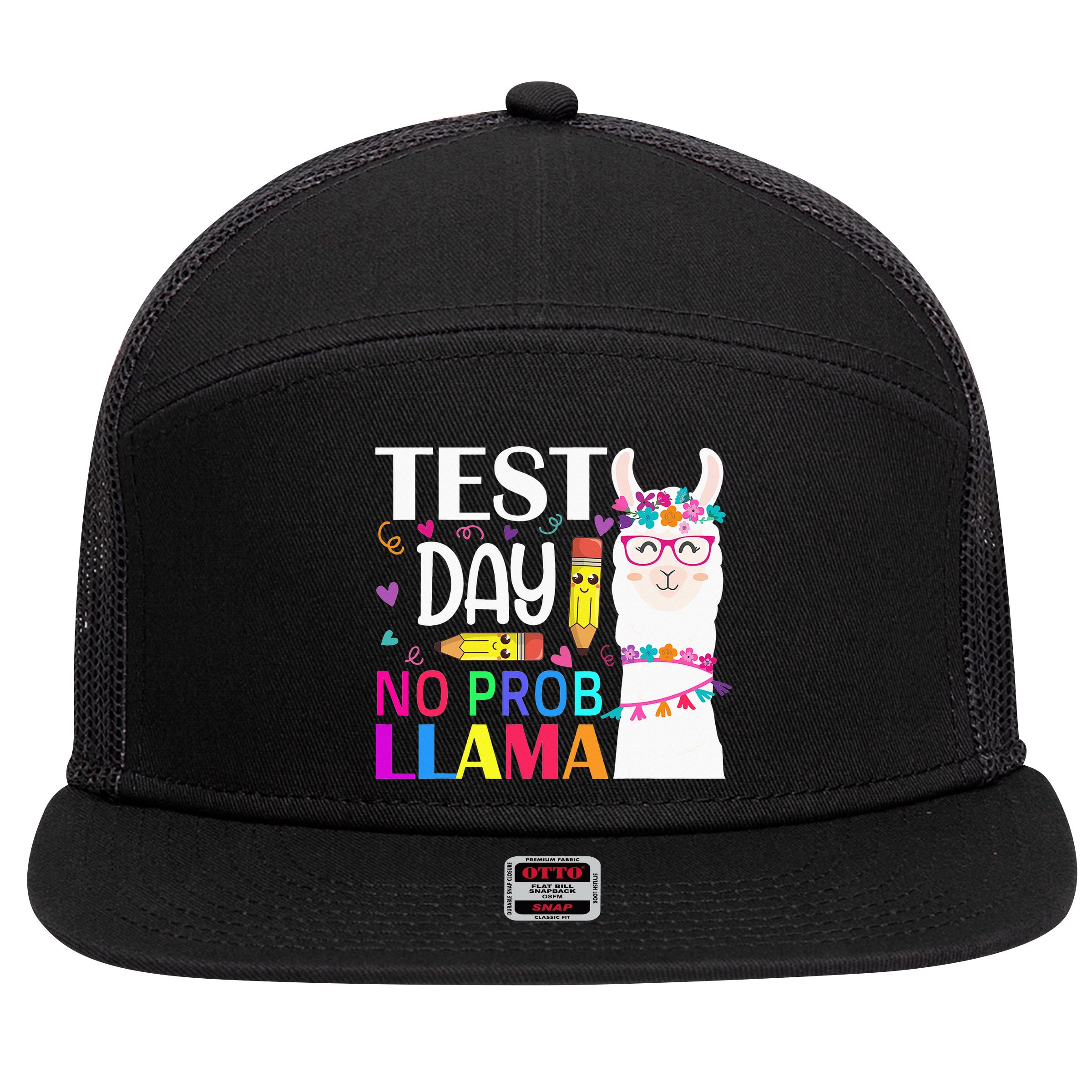 funny Test Day No Prob-llama Llama Teacher 7 Panel Mesh Trucker Snapback Hat