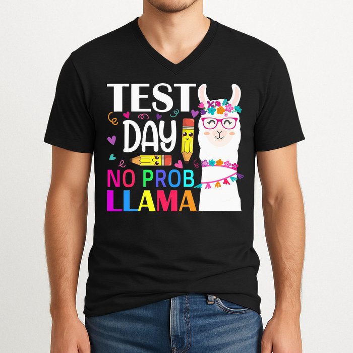 funny Test Day No Prob-llama Llama Teacher V-Neck T-Shirt