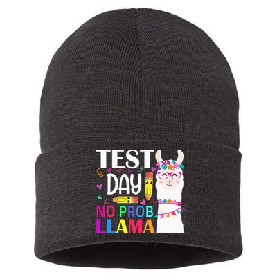 funny Test Day No Prob-llama Llama Teacher Sustainable Knit Beanie