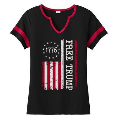 Free Trump Destressed 1776 Betsy Ross USA Flag Ladies Halftime Notch Neck Tee