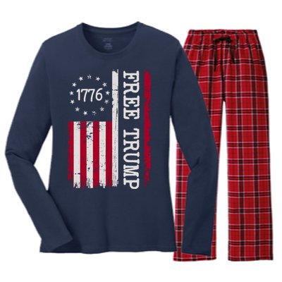 Free Trump Destressed 1776 Betsy Ross USA Flag Women's Long Sleeve Flannel Pajama Set 