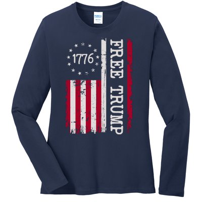 Free Trump Destressed 1776 Betsy Ross USA Flag Ladies Long Sleeve Shirt