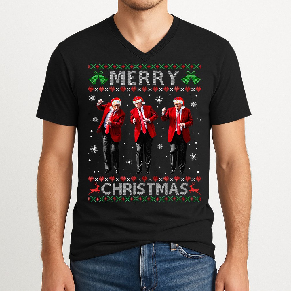 Funny Trump Dance Merry Christmas Ugly Xmas Sweater Pajamas V-Neck T-Shirt