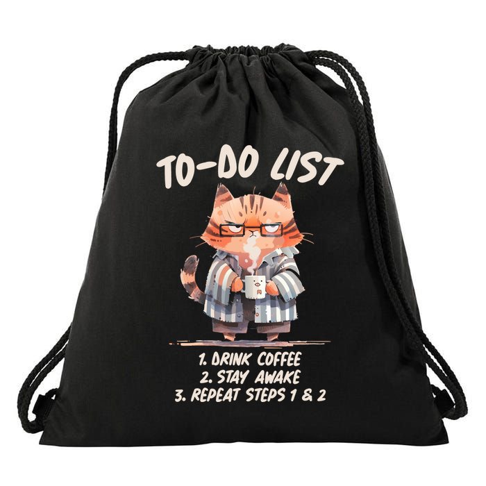 Funny To Do List Grumpy Coffee Cat Drawstring Bag