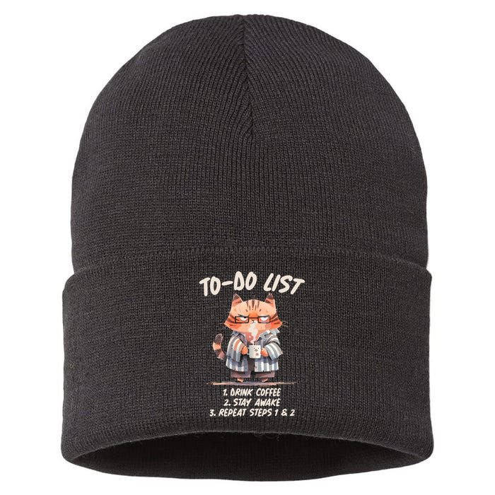 Funny To Do List Grumpy Coffee Cat Sustainable Knit Beanie