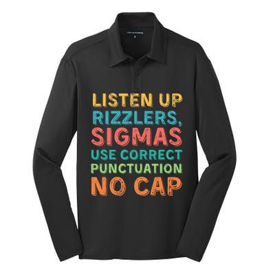 Funny Teacher English Use Punctuation Listen Up Rizzlers Silk Touch Performance Long Sleeve Polo