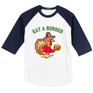 Funny Turkey Eat A Burger Thanksgiving Baseball Sleeve Shirt