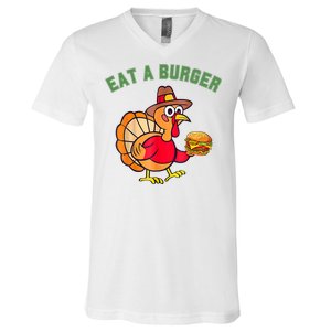 Funny Turkey Eat A Burger Thanksgiving V-Neck T-Shirt