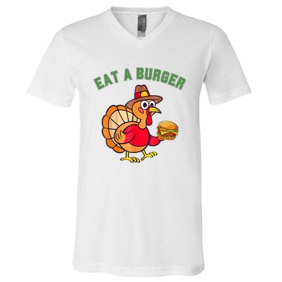 Funny Turkey Eat A Burger Thanksgiving V-Neck T-Shirt