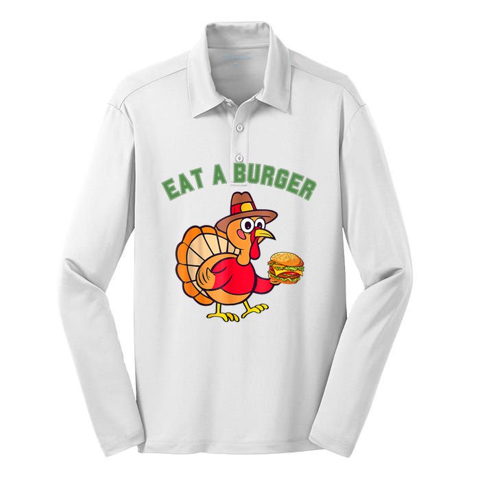 Funny Turkey Eat A Burger Thanksgiving Silk Touch Performance Long Sleeve Polo