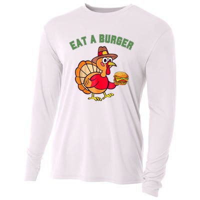 Funny Turkey Eat A Burger Thanksgiving Cooling Performance Long Sleeve Crew