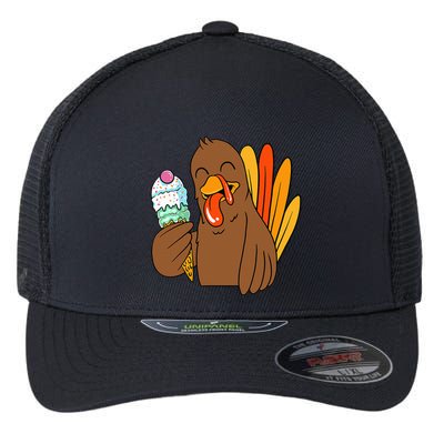 Funny Turkey Eating Ice Cream Thanksgiving Day Fall Flexfit Unipanel Trucker Cap