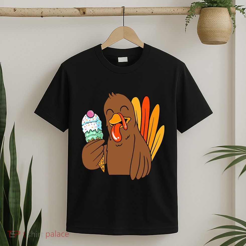 Funny Turkey Eating Ice Cream Thanksgiving Day Fall T-Shirt