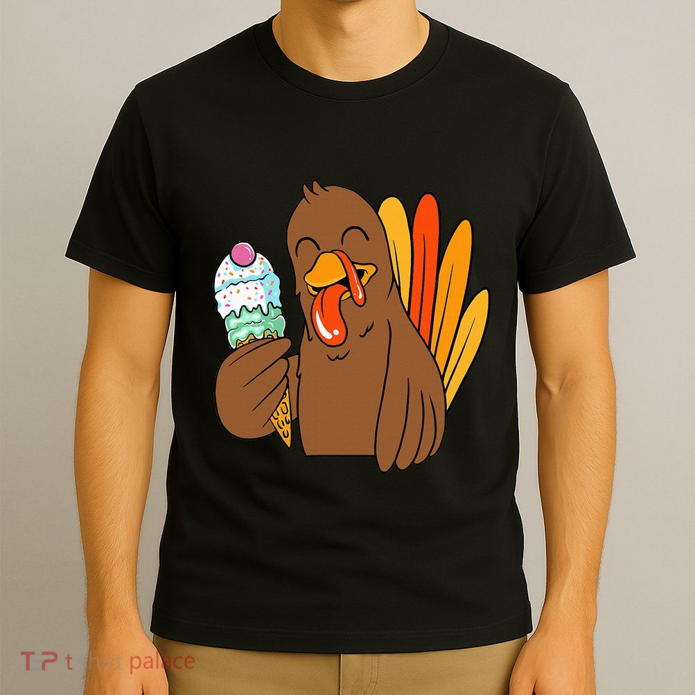 Funny Turkey Eating Ice Cream Thanksgiving Day Fall T-Shirt