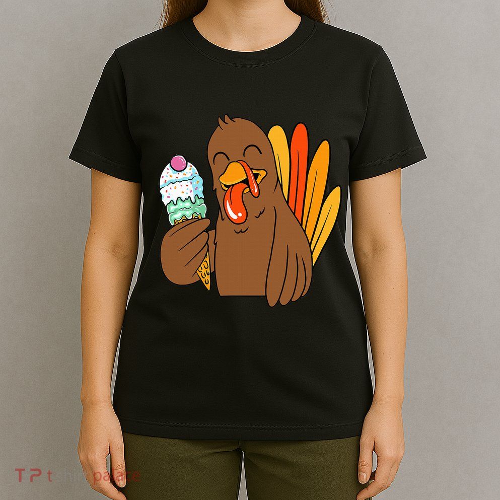 Funny Turkey Eating Ice Cream Thanksgiving Day Fall T-Shirt