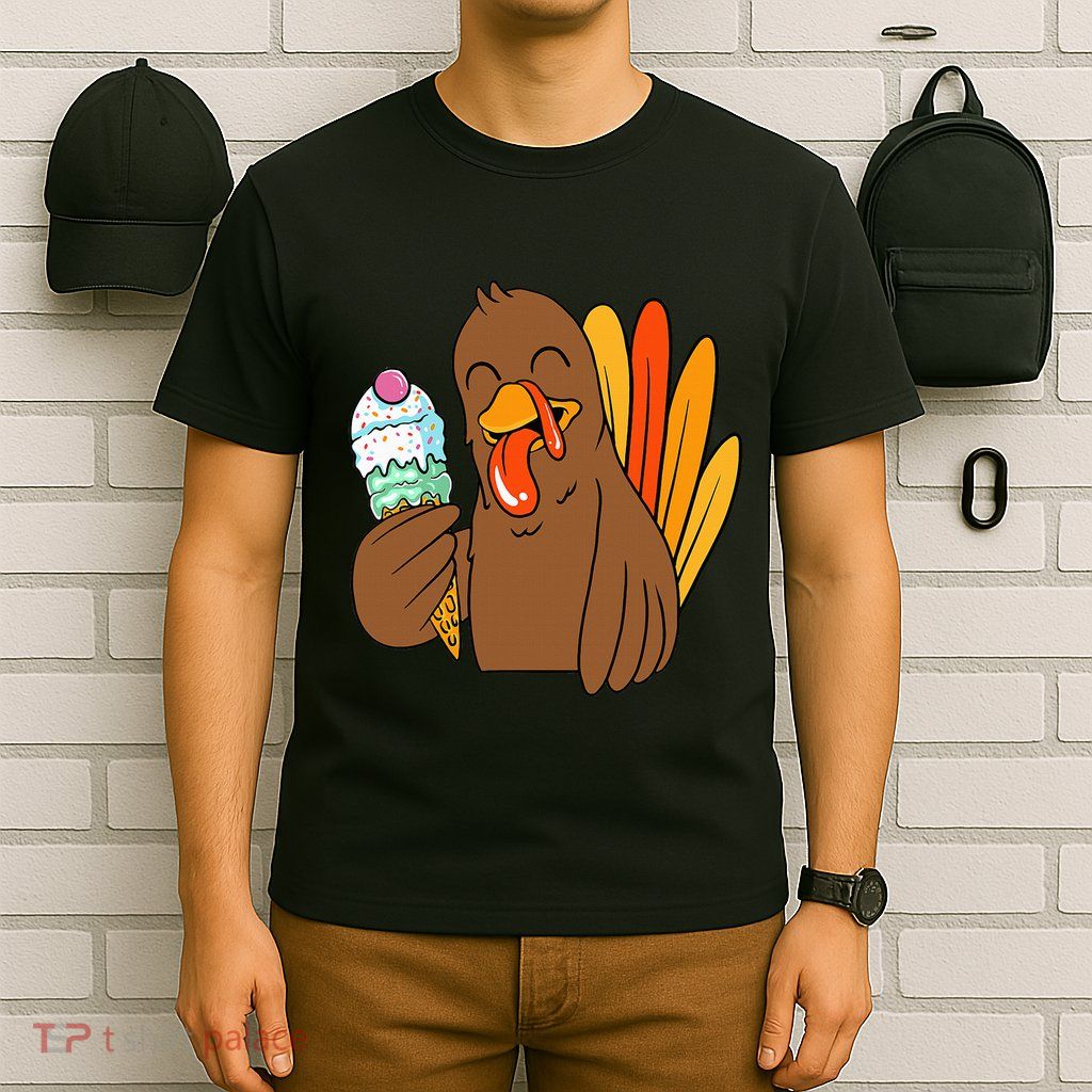 Funny Turkey Eating Ice Cream Thanksgiving Day Fall T-Shirt