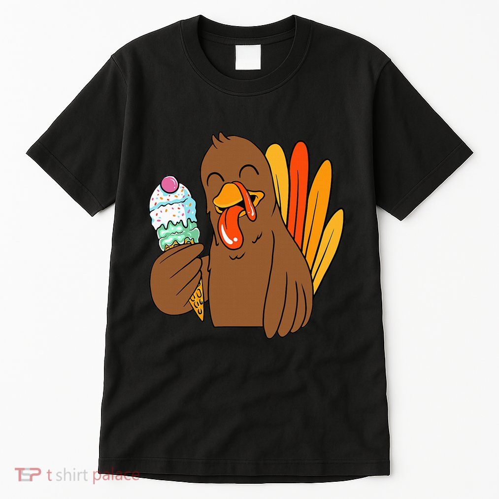 Funny Turkey Eating Ice Cream Thanksgiving Day Fall Tall T-Shirt