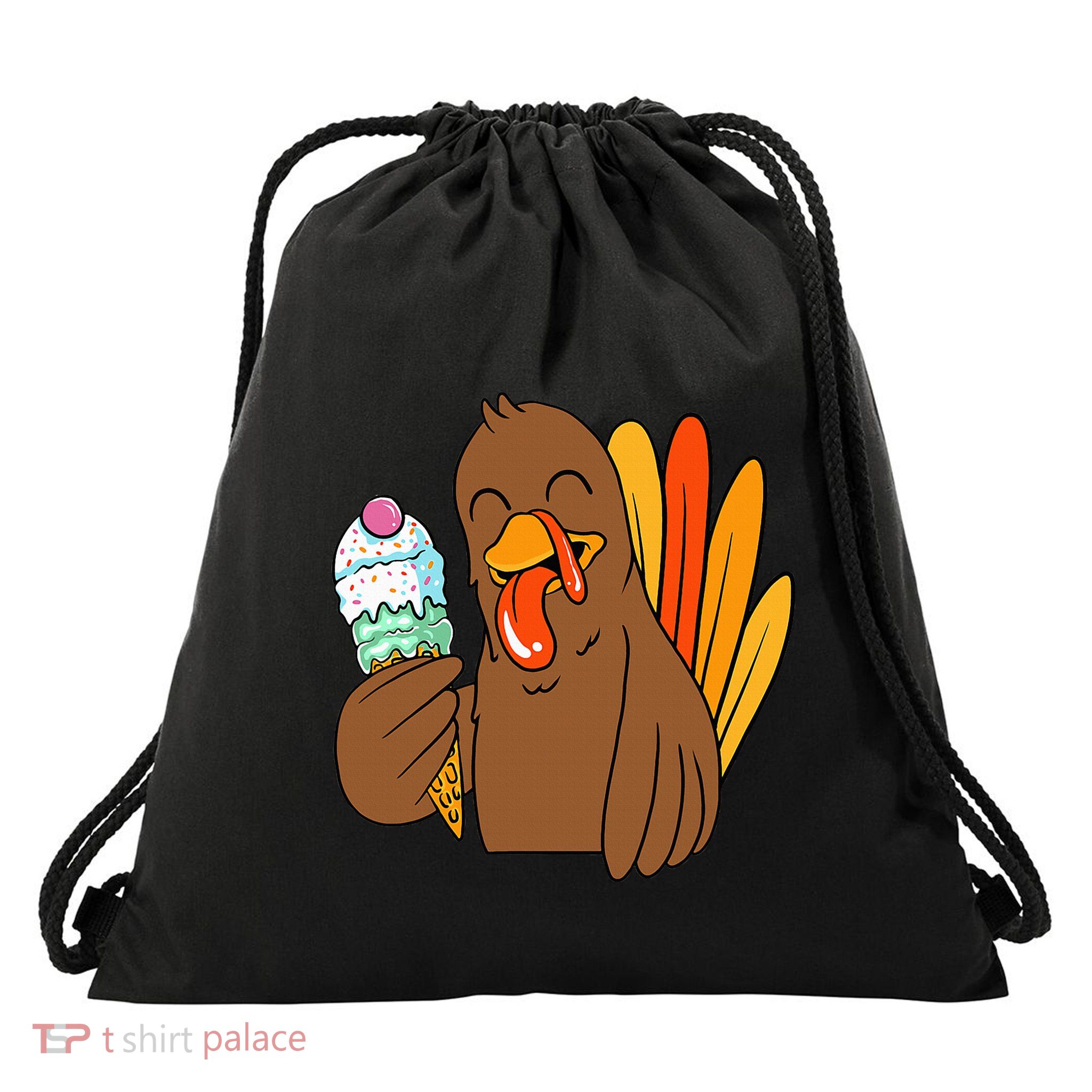 Funny Turkey Eating Ice Cream Thanksgiving Day Fall Drawstring Bag