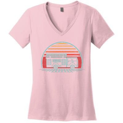 Fire Truck Engine Retro 80s Style Women's V-Neck T-Shirt