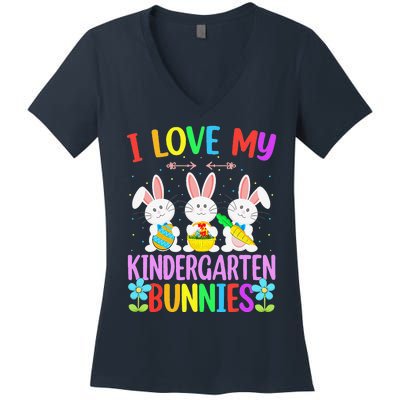 Funny Teacher Easter Day I Love My Kindergarten Bunnies Eggs Women's V-Neck T-Shirt