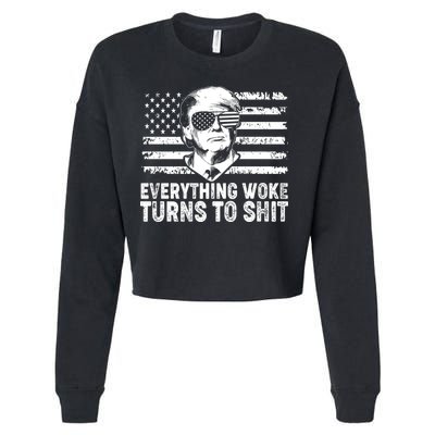 Funny Trump Everything Woke Turns To Shit Distressed USA American Flag Cropped Pullover Crew