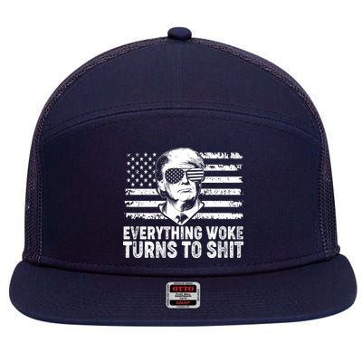 Funny Trump Everything Woke Turns To Shit Distressed USA American Flag 7 Panel Mesh Trucker Snapback Hat