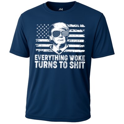 Funny Trump Everything Woke Turns To Shit Distressed USA American Flag Performance Shirt