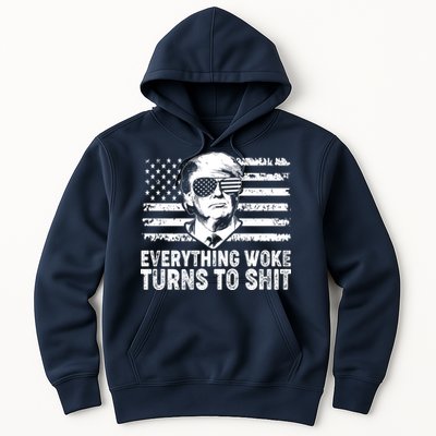 Funny Trump Everything Woke Turns To Shit Distressed USA American Flag Hoodie