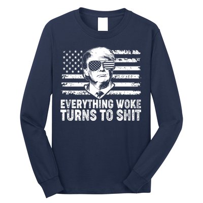 Funny Trump Everything Woke Turns To Shit Distressed USA American Flag Long Sleeve Shirt