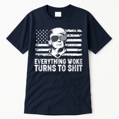 Funny Trump Everything Woke Turns To Shit Distressed USA American Flag Tall T-Shirt