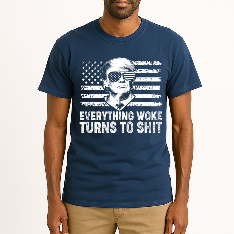 Funny Trump Everything Woke Turns To Shit Distressed USA American Flag Tall T-Shirt