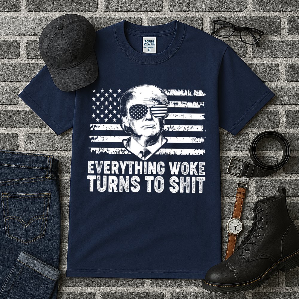 Funny Trump Everything Woke Turns To Shit Distressed USA American Flag Tall T-Shirt
