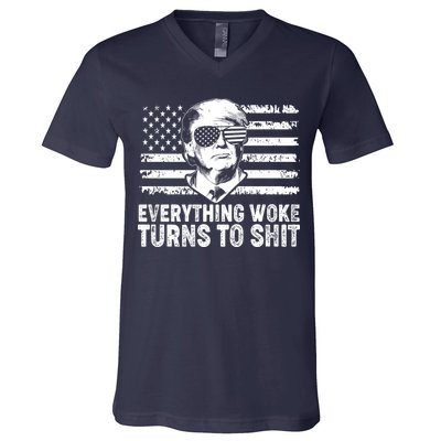 Funny Trump Everything Woke Turns To Shit Distressed USA American Flag V-Neck T-Shirt